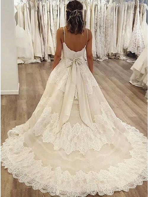 a line spaghetti straps ivory sweep train wedding dress with lace bowknot dmr13 a line spaghetti straps ivory sweep train wedding dress with lace bowknot dmr13